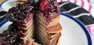 Banana Vanilla Bean Pancakes with Mixed Berry Compote