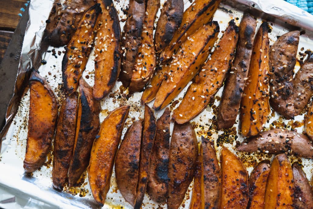 roasted sweet potatoes on baking sheet