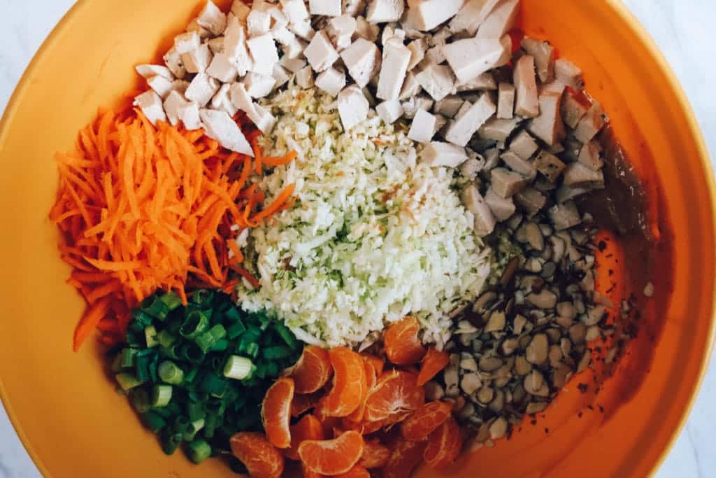 chopped chicken salad ingredients in bow