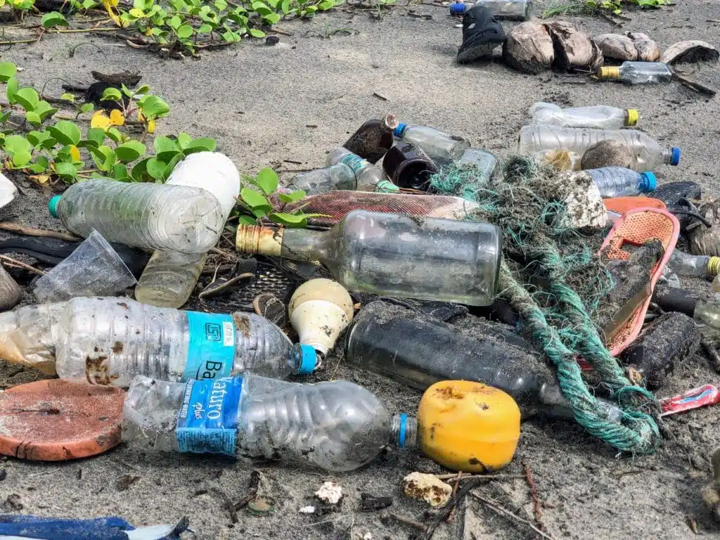 single use plastic pollution on beach