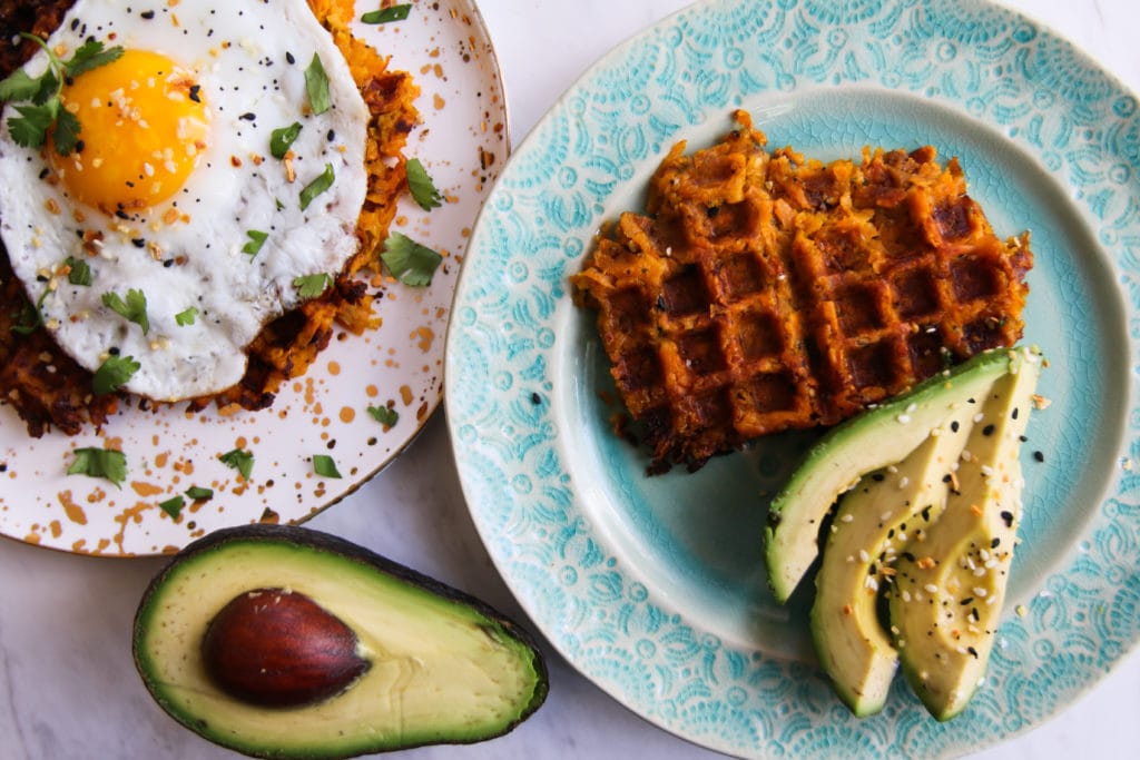 sweet potato waffles with eggs and avocado