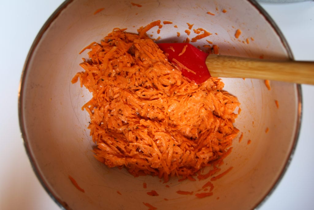 sweet potato waffle hashed browns batter mixed in bowl