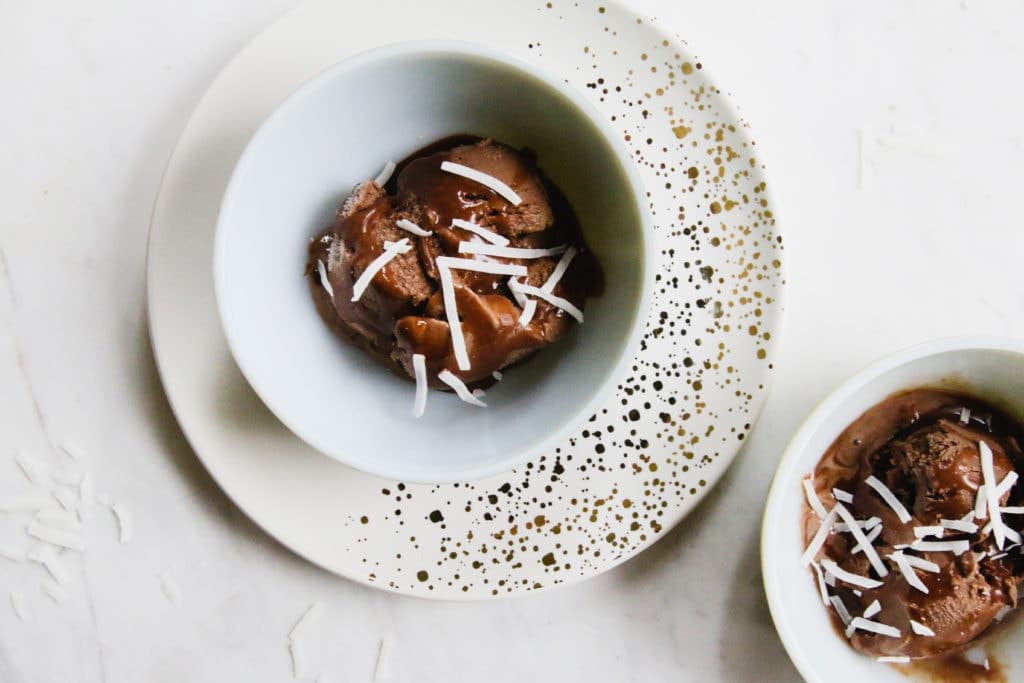 chocolate ice cream topped with coconut