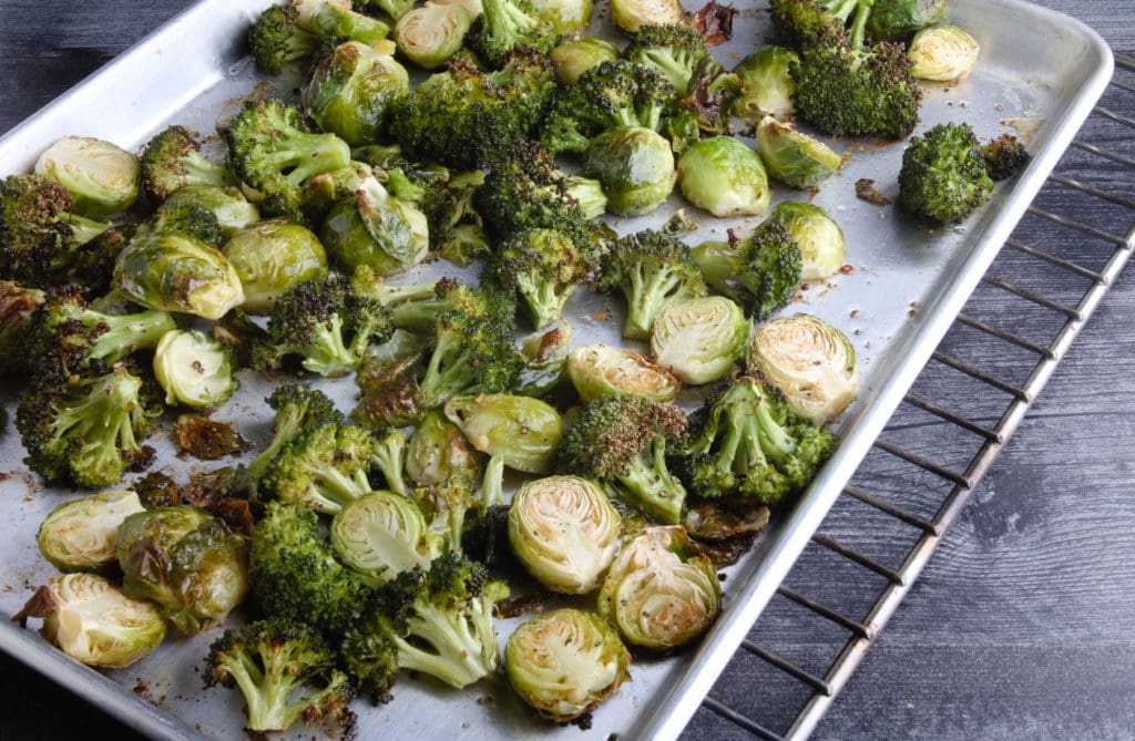 roasted vegetables on baking sheet