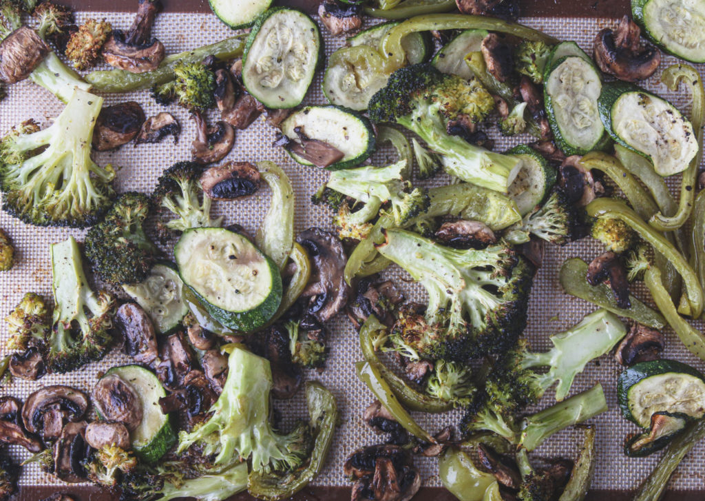 roasted vegetables on a baking sheet