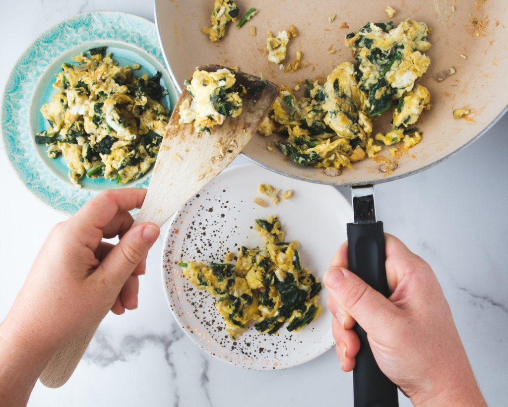 Keto Soft Scrambled Eggs with Spinach + Marinated Onions - Tastes Lovely