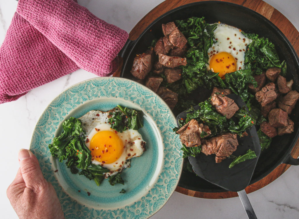 steak eggs and greens 